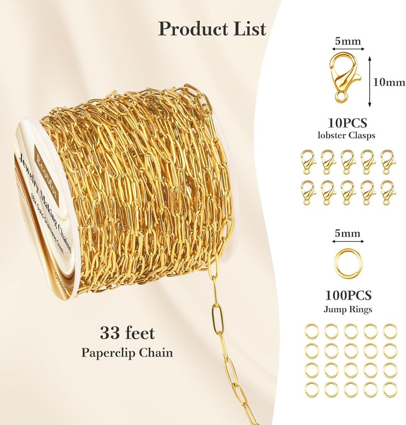 Ecoofor 33 Ft 18k Gold Stainless Steel Paperclip Chains Roll - 3mm Width, Gold Plated Chain with Jump Rings & Lobster Clasps - Image 3